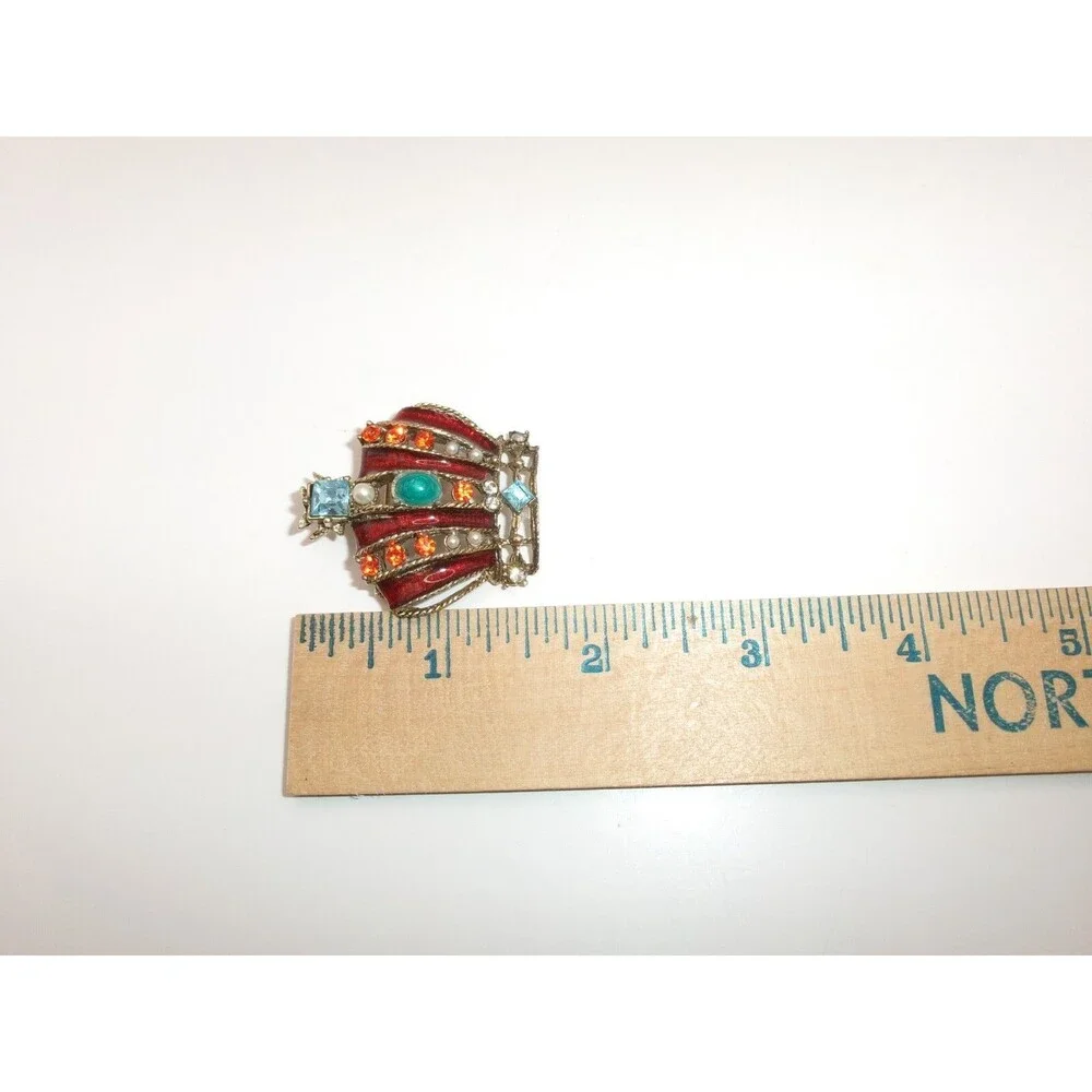 Vintage Royal Queen King Crown Brooch Multi-Color Rhinestone & Enamel Pin Red